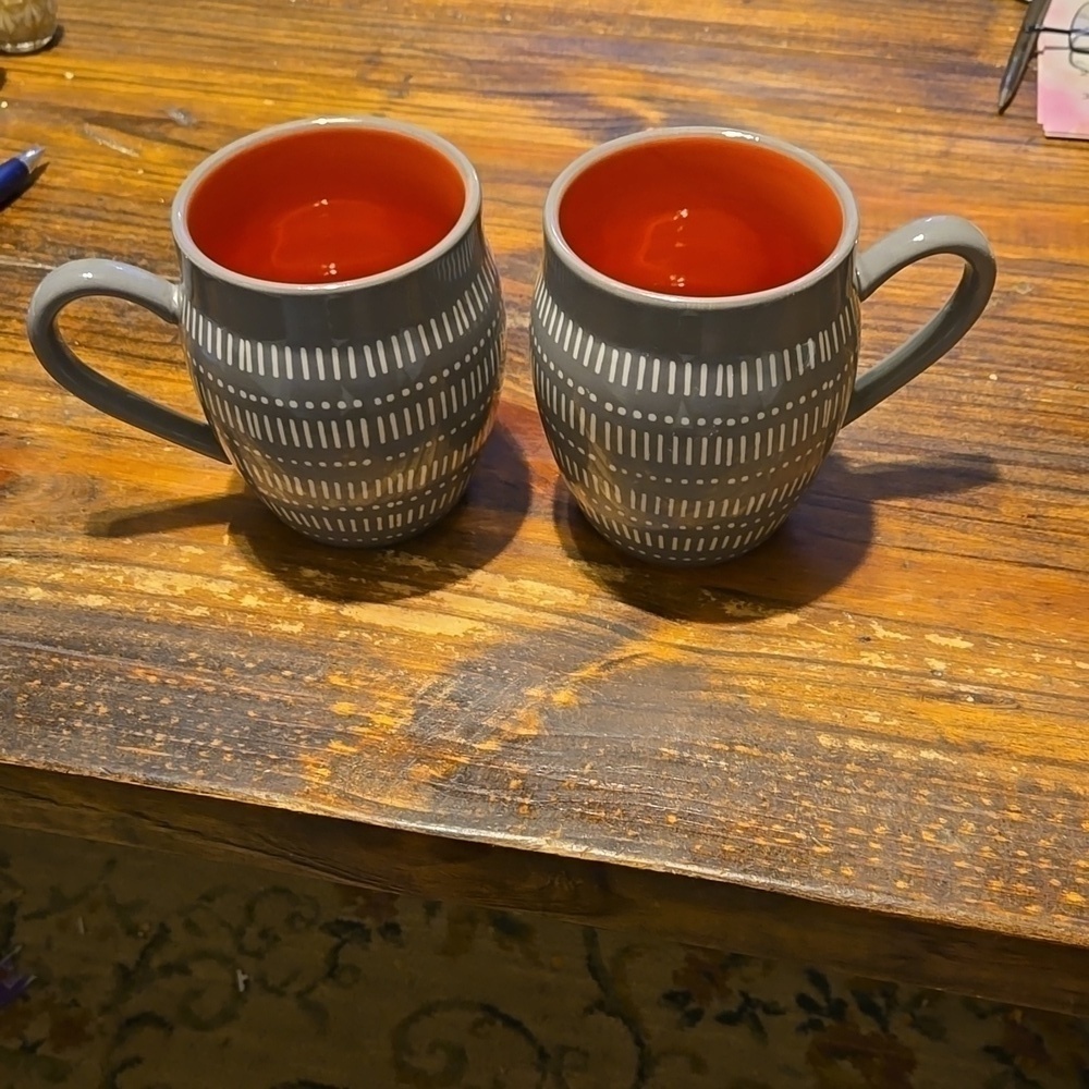Baum Tangier Gray and Orange Coffee Mugs Pair of 2